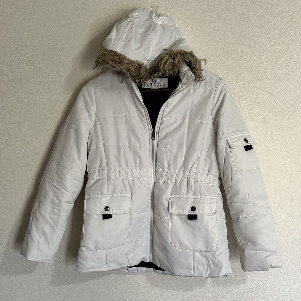 KC Collections Women's L Jacket White Hood Faux‎ Fur Wind Rain Puffer Coat